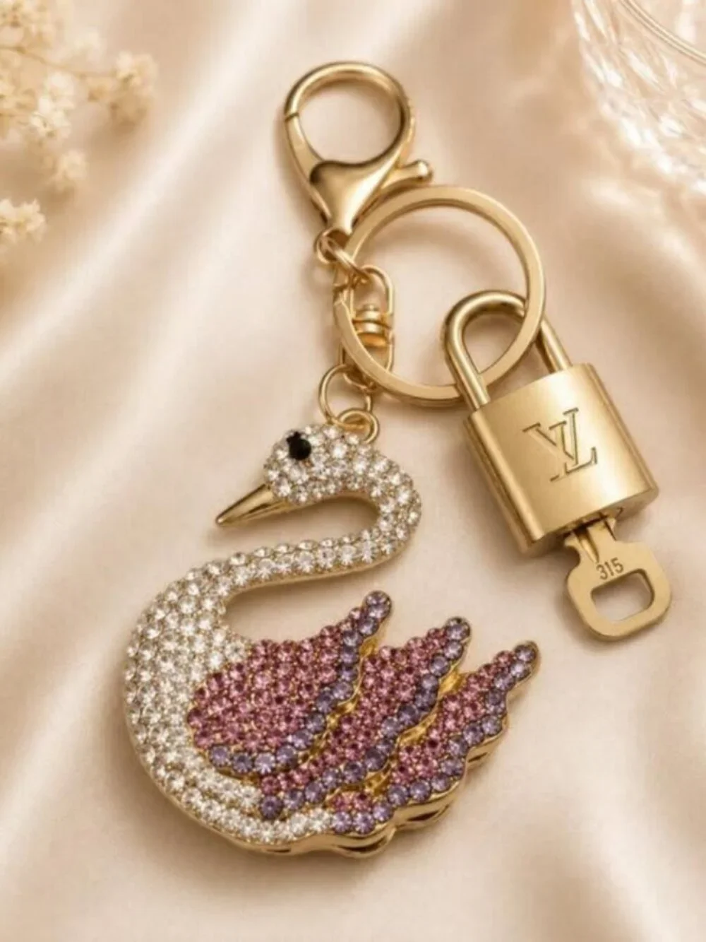 Authentic Louis Vuitton Padlock & Key Gold ✨Unbranded Swan Bag Charm Keychain